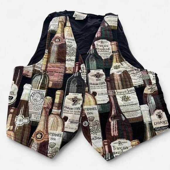 Vintage Wine Bottle Print Vest | USA-Made | Textured Fabric Quirky Button-Up LG - Picture 2 of 6